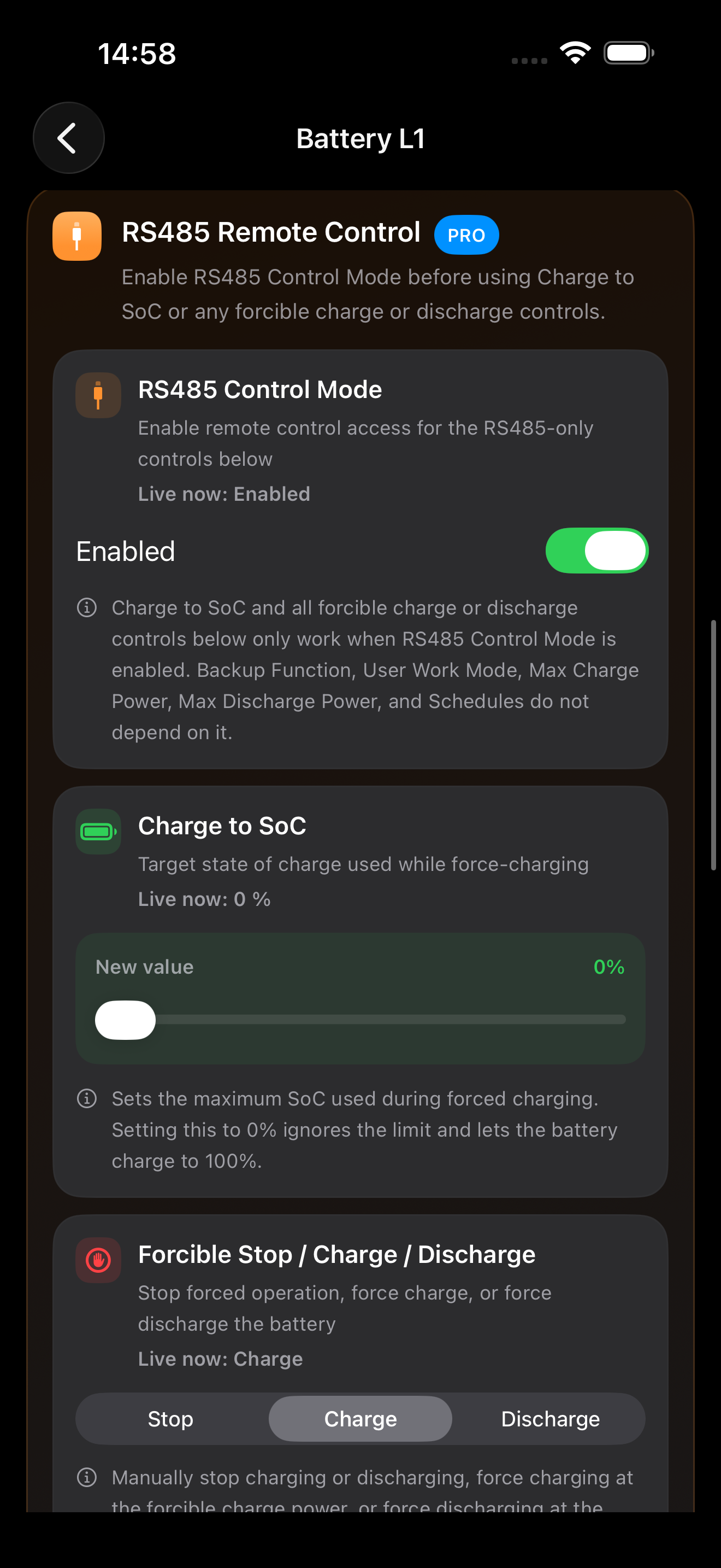 Battery control screen screenshot